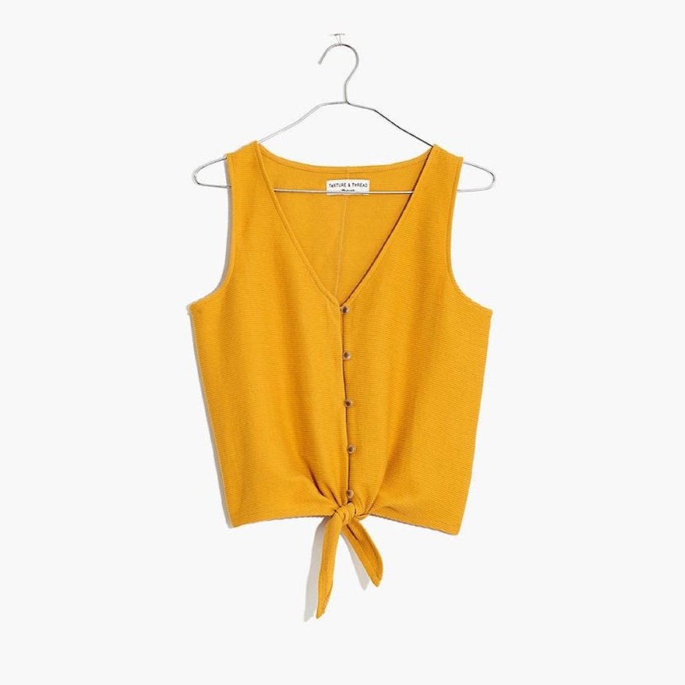 Mustard Texture & Thread Button-Front Tie Tank Top
